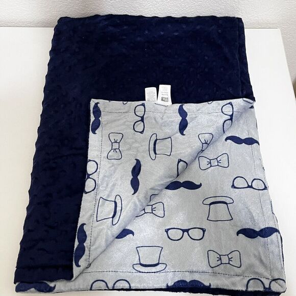 HB Hudson Baby Blanket Gray Blue Minky Dot Mustache Glasses Bow Tie Hats Lovey - Picture 9 of 12